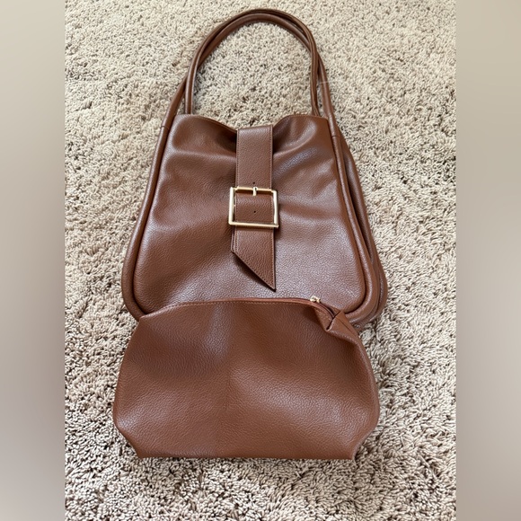 NWT new Anthropologie slouchy buckle tote bag faux leather tan brown + pouch - Picture 3 of 17